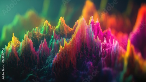 Vivid 3D landscape of colorful peaks and valleys. Ideal for abstract backgrounds music visualizations or data representation.