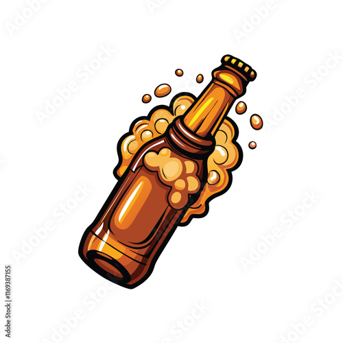 A cartoon drawing of a beer bottle being opened with foam coming out of the top.