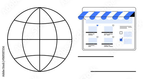 Globe next to web storefront with canopy and product listings, suggesting online global shopping. Ideal for e-commerce, global market, online stores, internet shopping, digital business, market