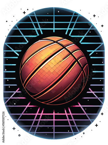 A close up of a retro basketball with neon lines.