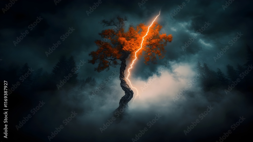 Fototapeta premium Surreal lightning bolt slicing through the dramatic storm swept sky illuminating the twisted gnarled trunk of a towering ancient tree in a mist shrouded forest setting with a dark