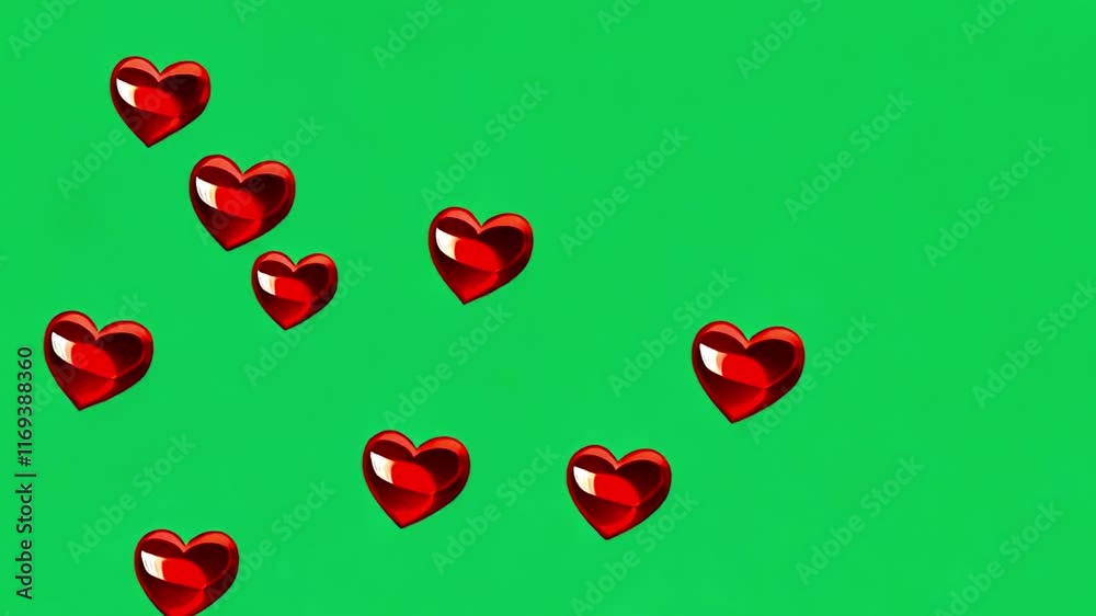 Red hearts floating on green screen background. 4K Social media Live style animated heart on green screen. Isolated Social media love like icon isolated on green chroma key screen. Heart  4k
