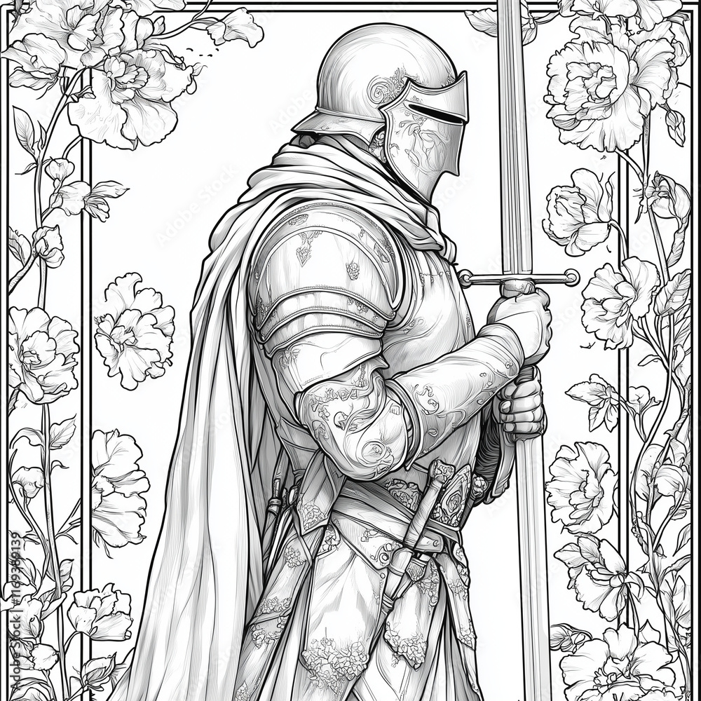 Fototapeta premium Portrait Gallant Knight Enchanted Garden Coloring