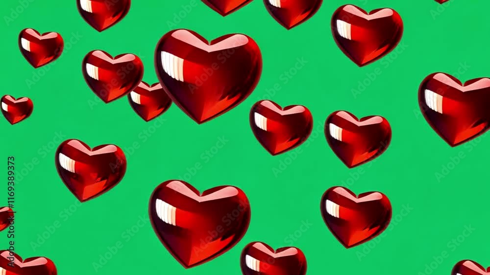 Red hearts floating on green screen background. 4K Social media Live style animated heart on green screen. Isolated Social media love like icon isolated on green chroma key screen. Hand Drawn Heart Ic