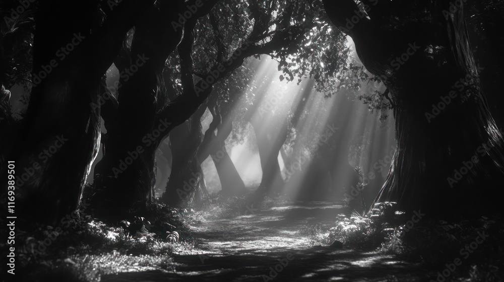 Obraz premium Sunbeams Illuminate A Dark Forest Path