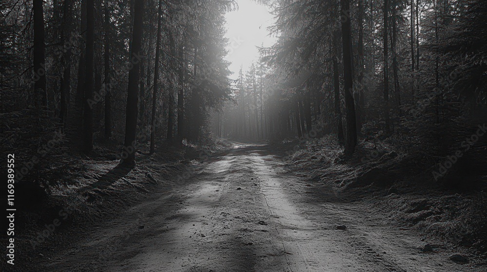 Obraz premium Forest Path Leading Through Dark Trees Towards Light