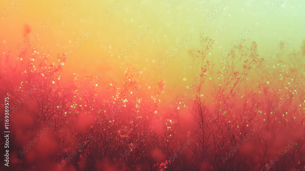 Radiant pink and green bokeh sparkles glowing indoors on a muted yellow and coral gradient canvas Radiant pink and green bokeh sparkles glowing indoors on a muted yellow and coral gradient canvas