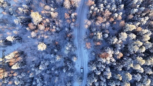 Frozen wintry snowy road in a forest, vertical aerial view, car driving by