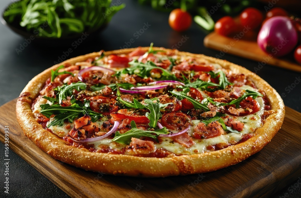 Freshly Baked Pizza with Toppings of Tomatoes, Onions, Spinach, and Cheese on a Wooden Board Surrounded by Vegetables and Herbs in a Rustic Kitchen Setting Freshly Baked Pizza with Toppings of Tomatoes, Onions, Spinach, and Cheese on a Wooden Board Surrounded by Vegetables and Herbs in a Rustic Kitchen Setting