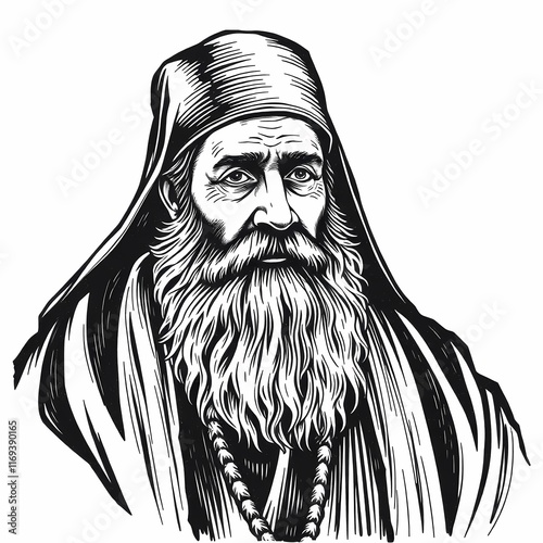 Reverend Father's Portrait: A striking black and white illustration of an elderly Orthodox priest, his wisdom and serenity captured in intricate detail.  The image evokes a sense of faith, tradition. photo