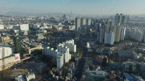 Aerial View of Seoul city in South Korea, Wangsimni, Han River, Winter