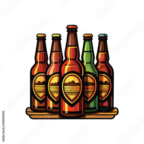 An illustration of six beer bottles with different colored labels on a wooden tray.