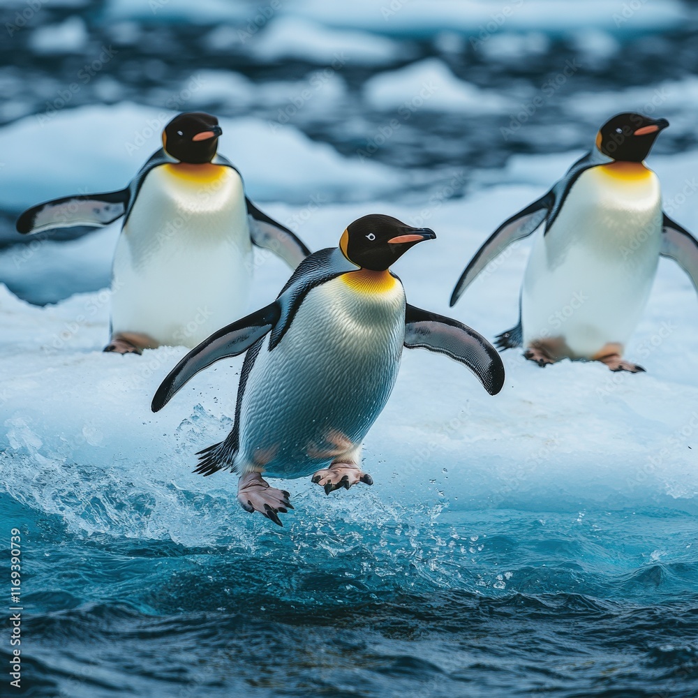 Fototapeta premium Dynamic Emperor Penguins Leaping Across Arctic Ice Floes in Majestic Natural Habitat - Scenic Antarctic Wildlife Adventure and Marine Life Exploration