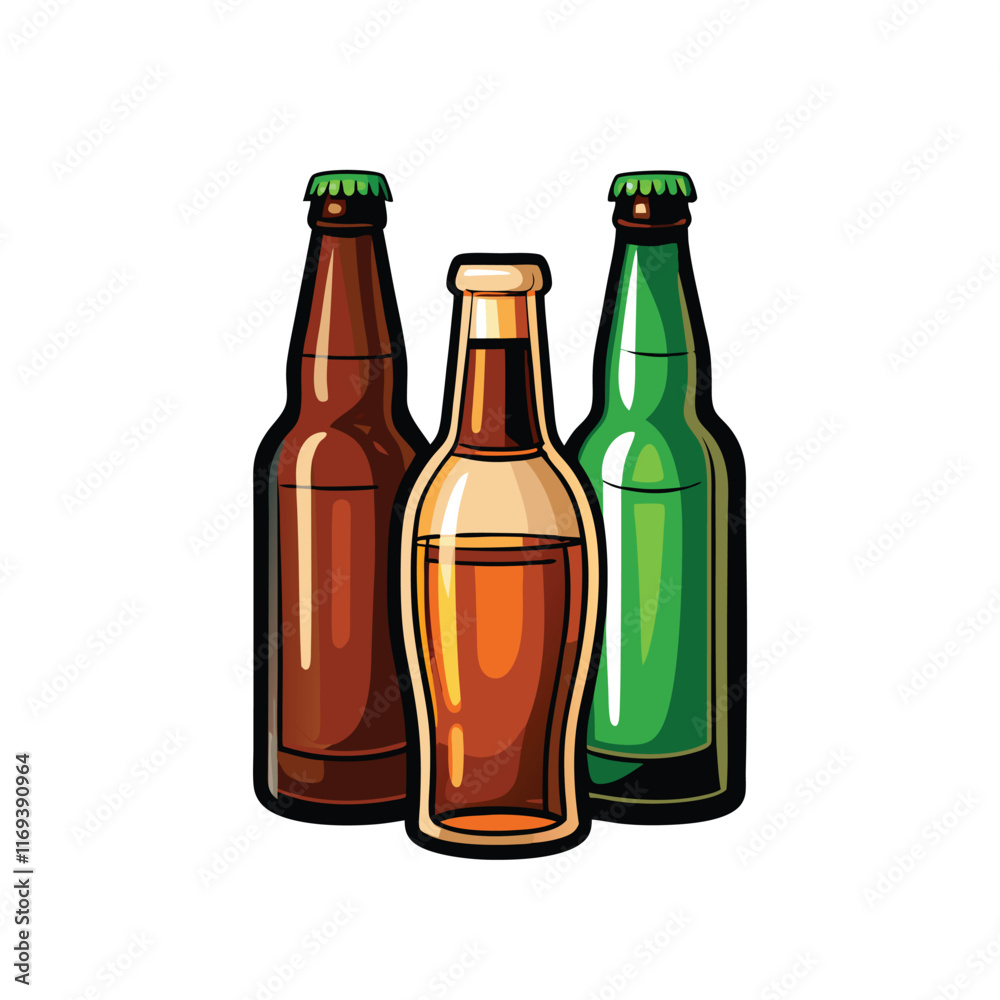 Three beer bottles, brown, orange, and green, with white background. Three beer bottles, brown, orange, and green, with white background.