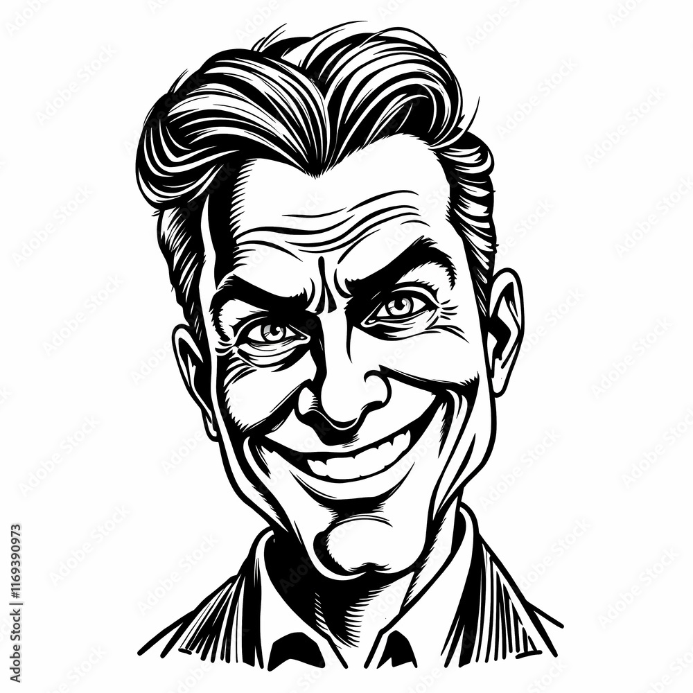 Intriguing Gaze: A stylized black and white illustration of a man's face, featuring a mischievous grin and intense eyes. The bold lines and graphic style create a captivating portrait. Intriguing Gaze: A stylized black and white illustration of a man's face, featuring a mischievous grin and intense eyes. The bold lines and graphic style create a captivating portrait.