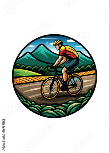 A cyclist in full gear riding a bike on a country road with green hills in the background.