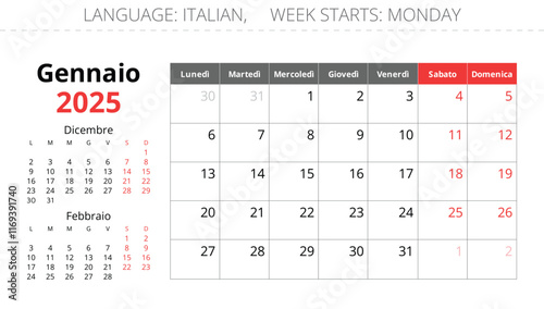 Calendar for month January 2025. Italian. Vector. For Italy photo