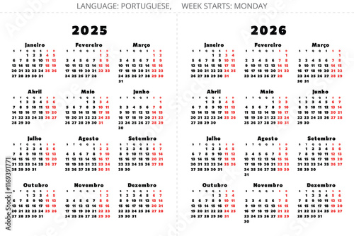 2025, 2026 years portuguese calendars. Vector collection for Portugal