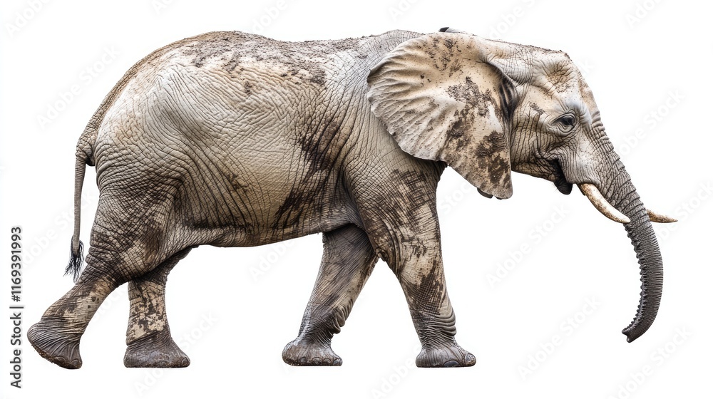 Fototapeta premium A majestic African elephant strides across a white background. Its mud-caked skin reveals its recent adventures. Ideal for wildlife designs or educational materials.