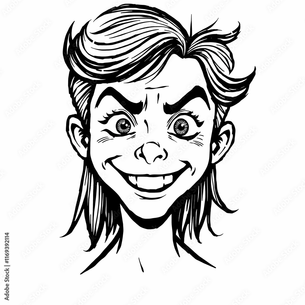 Mischievous Grin: A captivating black and white illustration of a young person's face, showcasing a mischievous grin and expressive eyes. The linework is bold and dynamic. Mischievous Grin: A captivating black and white illustration of a young person's face, showcasing a mischievous grin and expressive eyes. The linework is bold and dynamic.