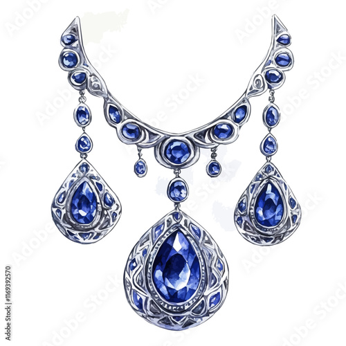 A watercolor vector painting of an intricate silver and sapphire jewelry set, isolated on a white background. Intricate silver and sapphire jewelry set vector.

