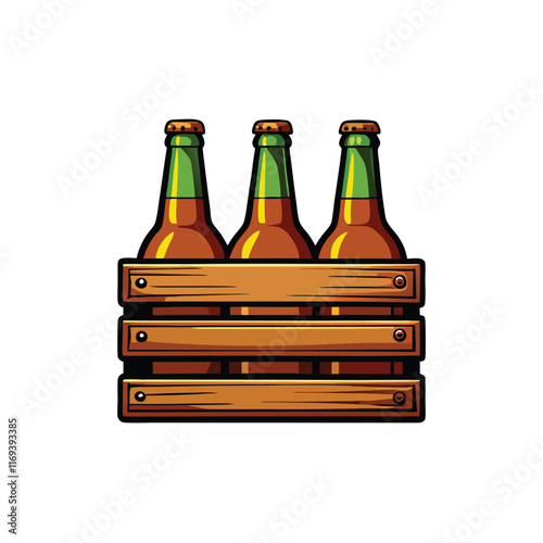 A detailed vector illustration of three beer bottles inside a wooden crate.