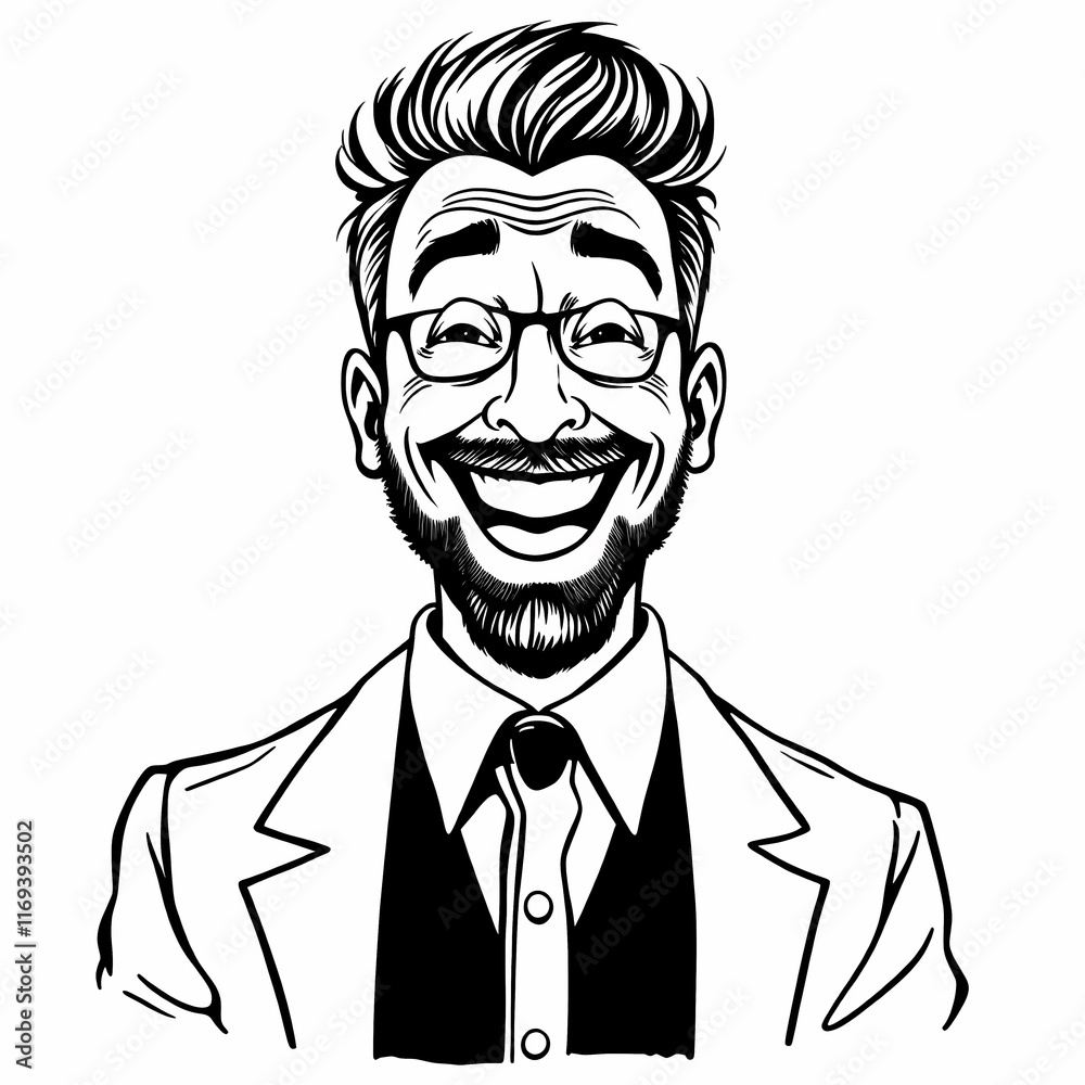 Joyful Man: A black and white illustration of a man in a suit, wearing glasses, with a huge, genuine smile. His expression is full of happiness and positivity, radiating pure joy and optimism. Joyful Man: A black and white illustration of a man in a suit, wearing glasses, with a huge, genuine smile. His expression is full of happiness and positivity, radiating pure joy and optimism.