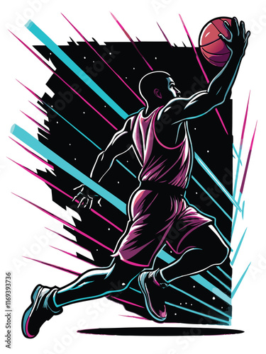 Silhouette of a basketball player dunking with a basketball.