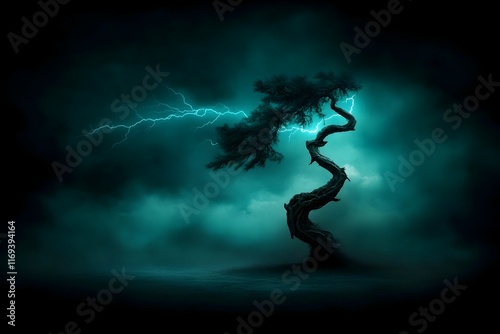 Dramatic electric blue lightning arcing across the ominous swirling dark sky dramatically highlighting the twisted contorted form of a lone