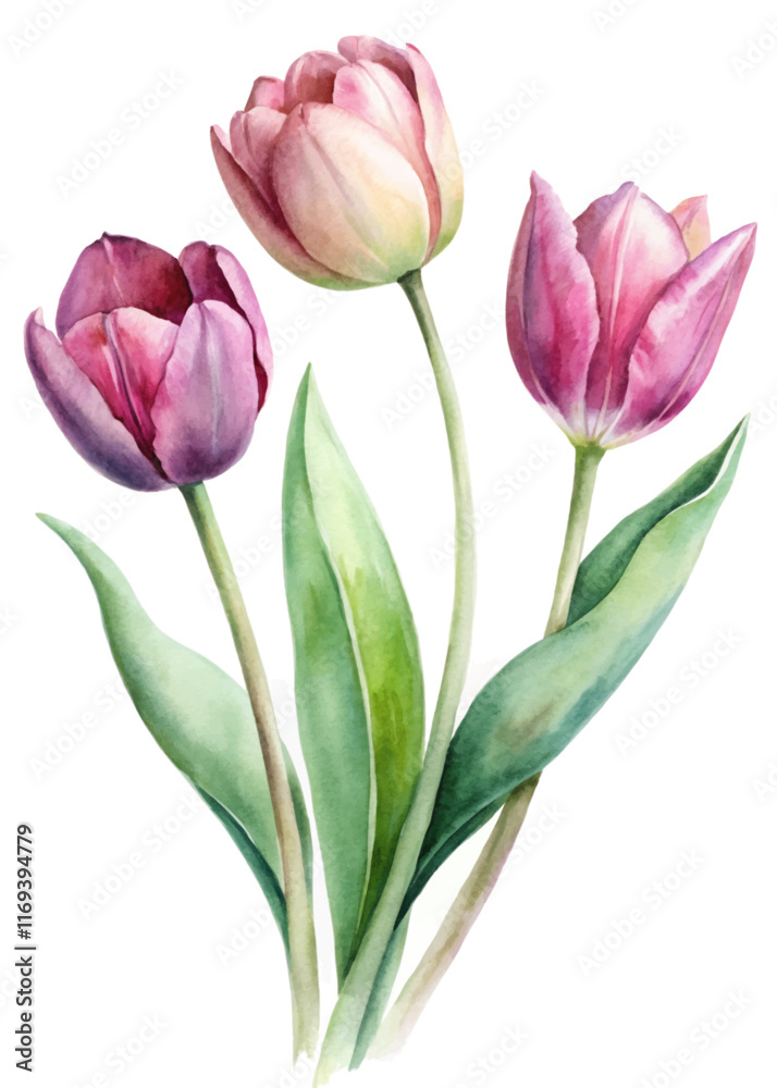 Beautiful watercolor tulips, vibrant pink flowers, delicate green leaves, floral illustration, nature art, spring decor.