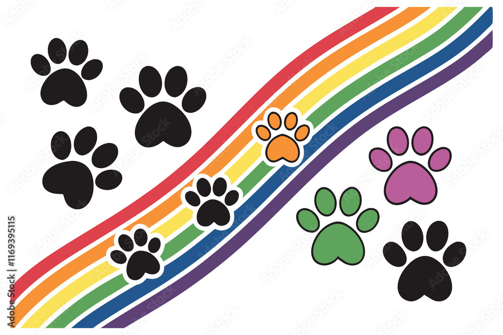 Fototapeta premium Colorful paw print seamless pattern on black background, various shades of rainbow colors, simple and flat design, repeating pet paw prints, vibrant colors, solid colors, vivid illustration, dec
