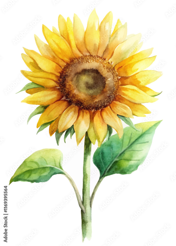 Obraz premium Bright sunflower illustration, vibrant yellow petals, green leaves, watercolor style, nature theme, floral art, botanical design.