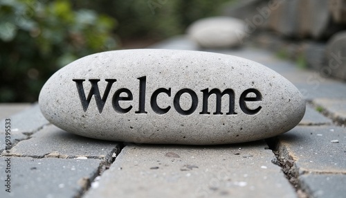 Smooth decorative stone with welcome inscription on cobblestone path
