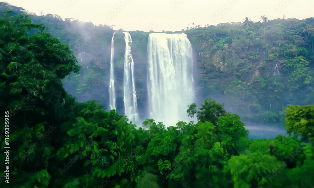 tranquil aerial view of lush waterfalls in the tropical jungles of karnataka tranquil aerial view of lush waterfalls in the tropical jungles of karnataka