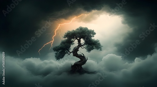 Dramatic lightning flash reveals the silhouette of a twisted ancient tree against a stormy backdrop with gnarled branches reaching up towards the sky and craggy bark texture photo