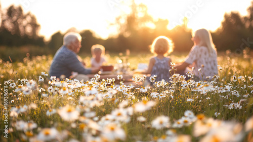 Golden Hour Family Picnic in a Wildflower Meadow