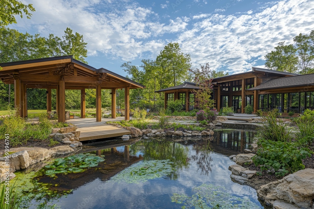 Serene pond reflects wooden structure, lush landscaping. Serene pond reflects wooden structure, lush landscaping.