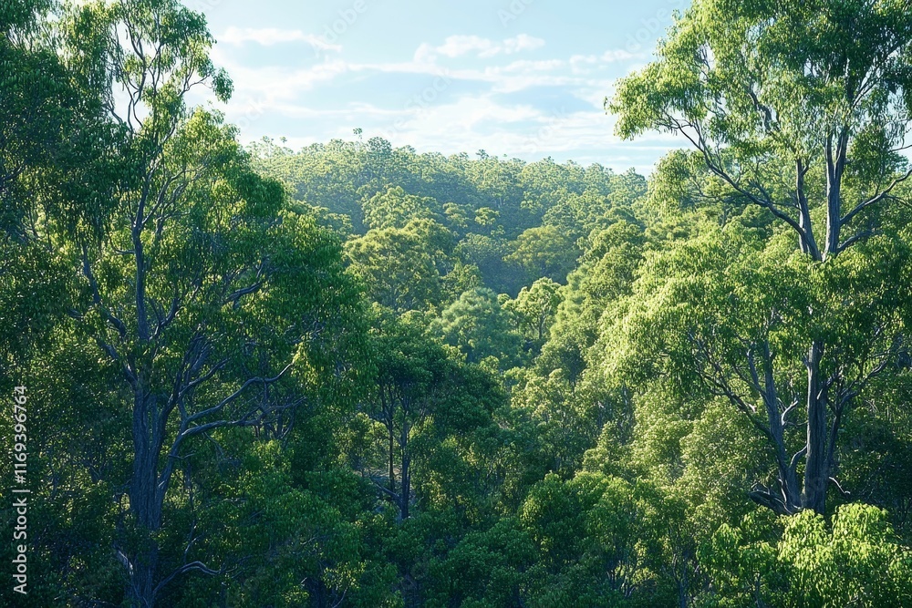 Obraz premium Lush green forest canopy, sunlight dappled.