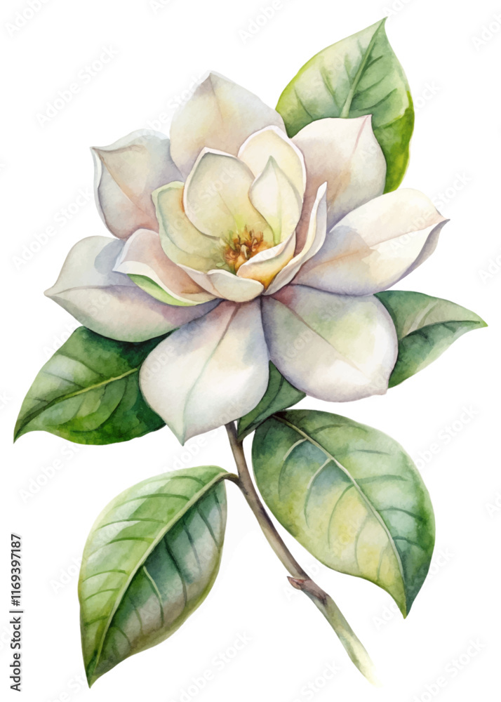 Obraz premium Elegant watercolor flower, soft white petals, lush green leaves, botanical illustration, nature art, floral decor.