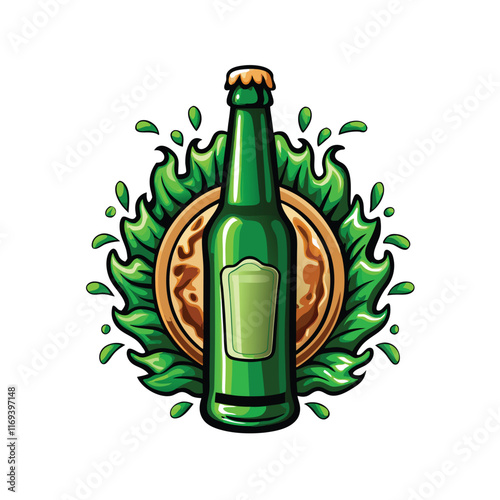 Green beer bottle with a traditional label surrounded by green leaves and a splash of green liquid.