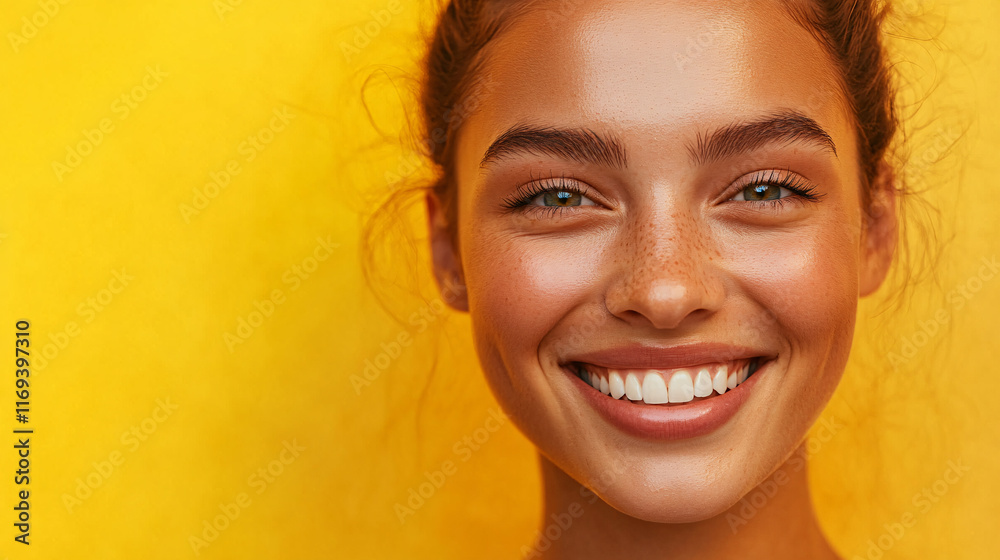 Joyful Woman with Freckles Smiling Against Yellow Background