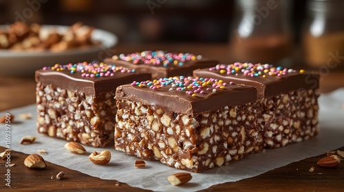 Deliciously Colorful Chocolate-Covered Candies with Sprinkles and Nuts in a Cozy Kitchen Setup