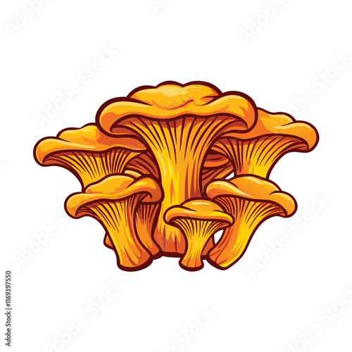 Illustration of a group of chanterelle mushrooms with bright yellow caps and stems.
