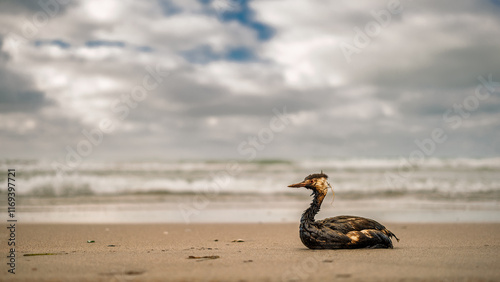 Bird covered in oil sitting on sandy seashore with surf in background, copy space for animal tragedy, environmental tragedy, oil spill