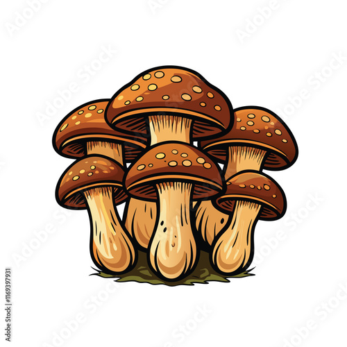 Cartoon illustration of a group of boletus mushrooms with spongy caps.