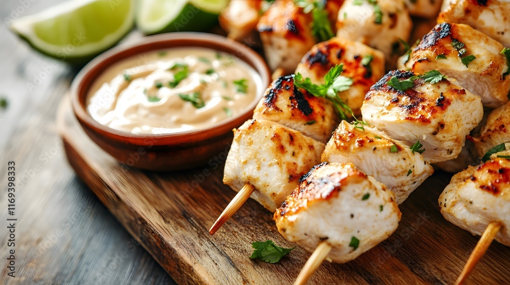 Indulge in Delicious Chicken Satay Skewers with Peanut Sauce on a Rustic Board Indulge in Delicious Chicken Satay Skewers with Peanut Sauce on a Rustic Board