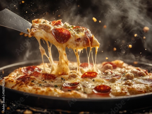 Hot and Cheesy Pepperoni Pizza Slice Being Lifted from a Freshly Baked Pizza with Stretchy Cheese and Appetizing Toppings on a Dark Background photo