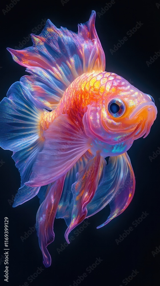 Fototapeta premium Mesmerizing Iridescent Goldfish Swimming in Vibrant Underwater Realm Captivating close up view of a fantastical glowing fish with intricate scales and flowing fins in an abstract