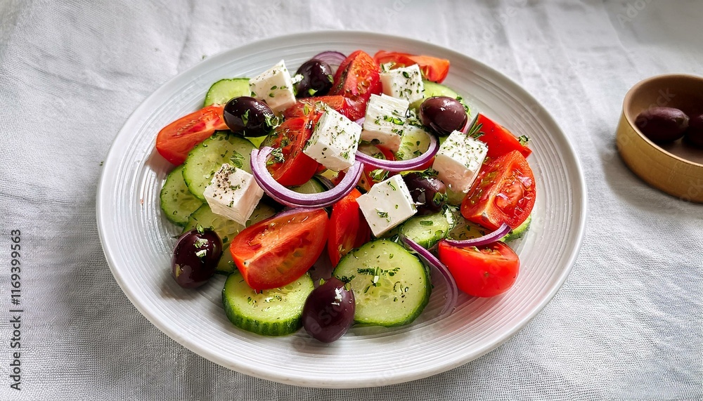 Fresh Greek salad with cucumbers, tomatoes, feta cheese, and olives. Fresh Greek salad with cucumbers, tomatoes, feta cheese, and olives.