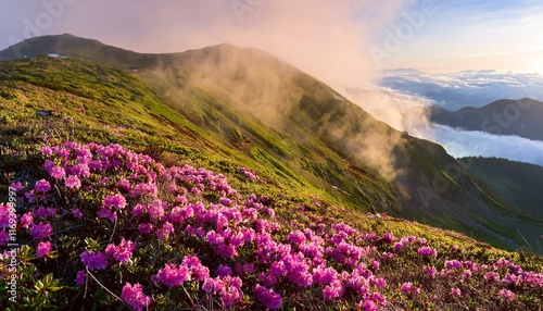 Wallpaper Mural Vibrant pink rhododendrons bloom on a misty mountainside at sunrise. Torontodigital.ca